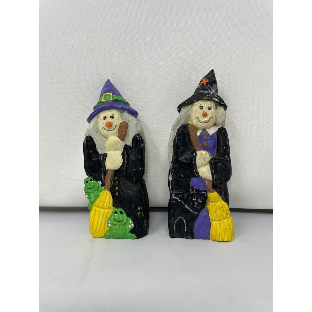 Hermitage pottery Halloween Decor Witch Figurines w/‎ Frog Cat Broom - Set of 2